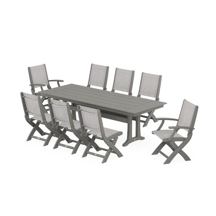 POLYWOOD Coastal 9-Piece Folding Dining Chair Farmhouse Dining Set with Trestle Legs