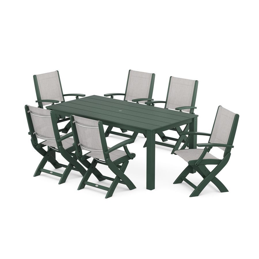 POLYWOOD Coastal Folding Chair 7-Piece Parsons Dining Set in Green / Parchment Sling