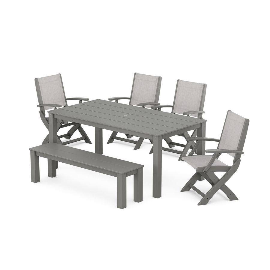 POLYWOOD Coastal Folding Chair 6- Piece Parsons Dining Set with Bench