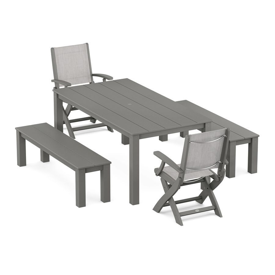 POLYWOOD Coastal Folding Chair 5-Piece Parsons Dining Set with Benches in Slate Grey / Parchment Sling