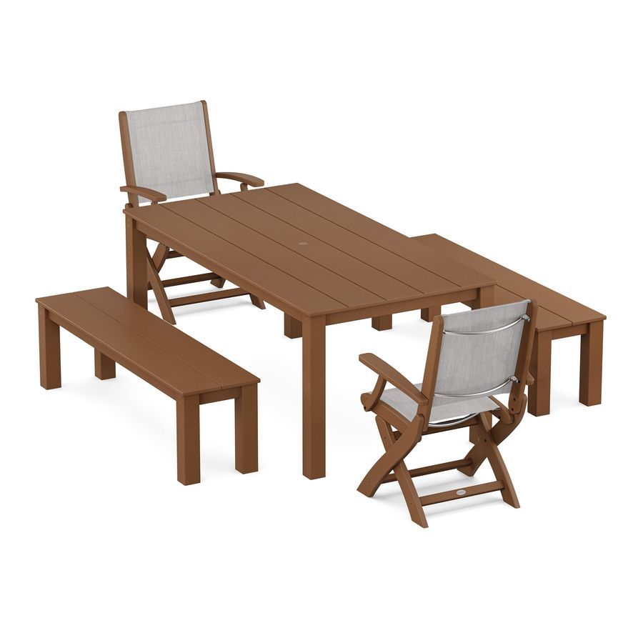 POLYWOOD Coastal Folding Chair 5-Piece Parsons Dining Set with Benches in Teak / Parchment Sling