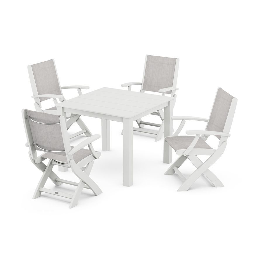 POLYWOOD Coastal Folding Chair 5-Piece Parsons Dining Set in White / Parchment Sling