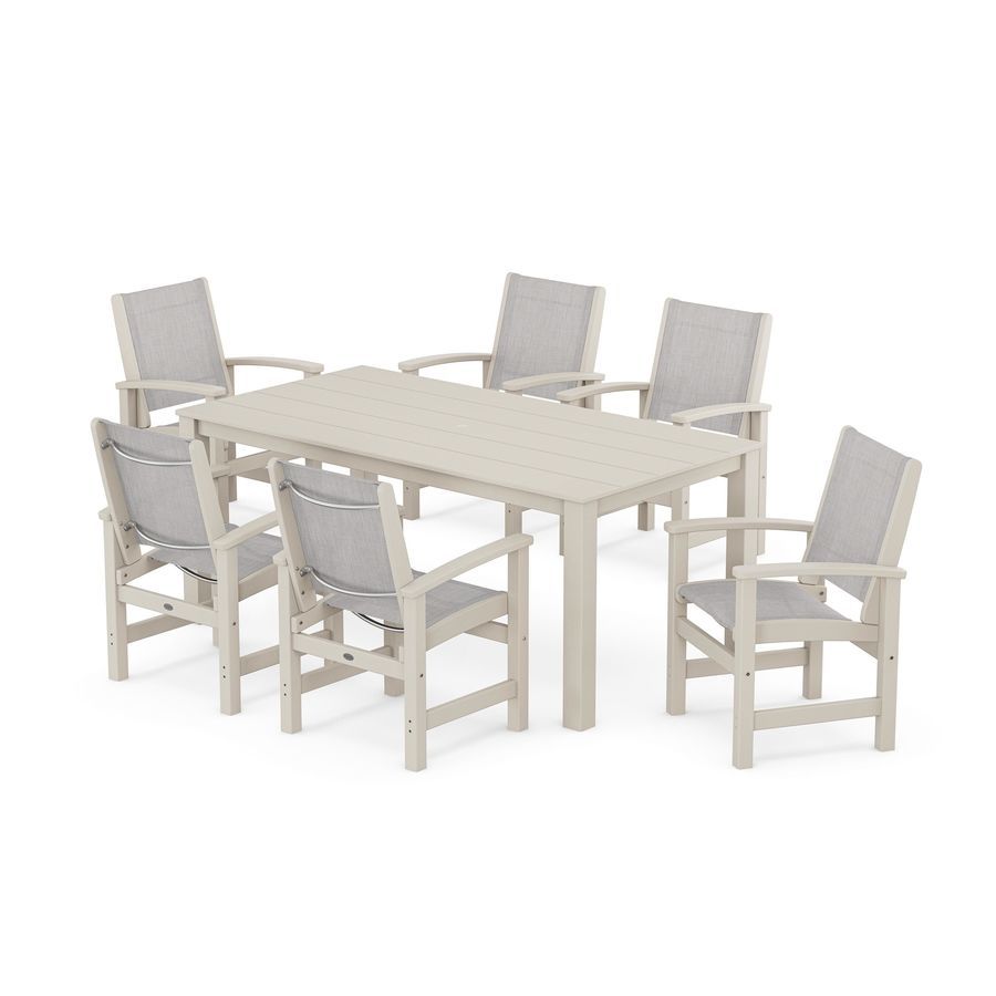 POLYWOOD Coastal 7-Piece Parsons Dining Set in Sand / Parchment Sling