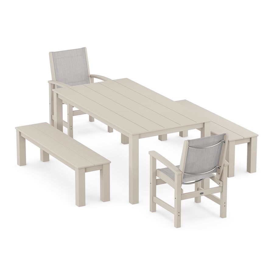 POLYWOOD Coastal 5-Piece Parsons Dining Set with Benches in Sand / Parchment Sling