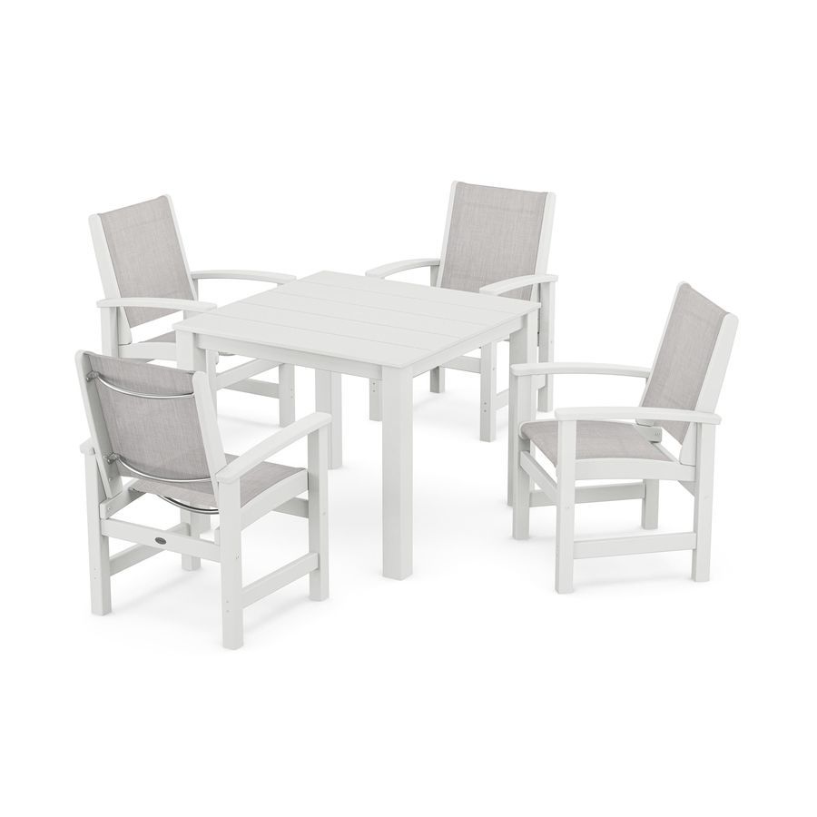 POLYWOOD Coastal 5-Piece Parsons Dining Set in White / Parchment Sling