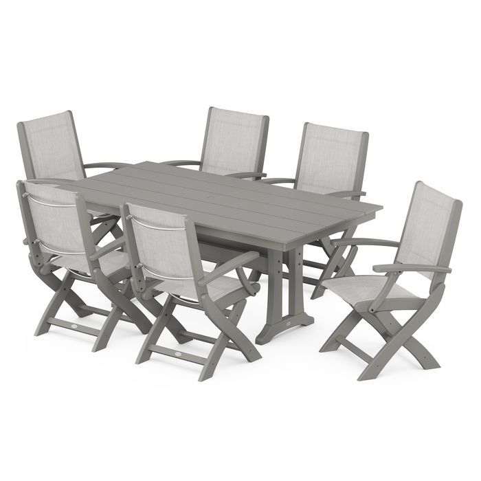 POLYWOOD Coastal Folding Arm Chair 7-Piece Farmhouse Dining Set with Trestle Legs
