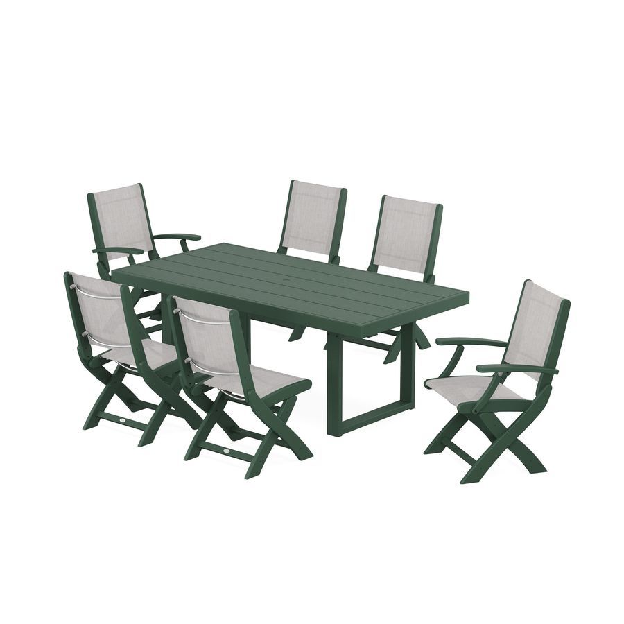 POLYWOOD Coastal Folding Chair 7-Piece Dining Set with Trestle Legs in Green / Parchment Sling