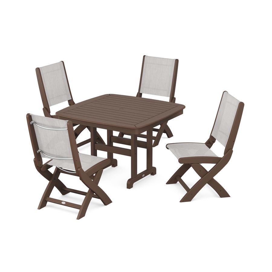 POLYWOOD Coastal Side Chair 5-Piece Dining Set with Trestle Legs in Mahogany / Parchment Sling