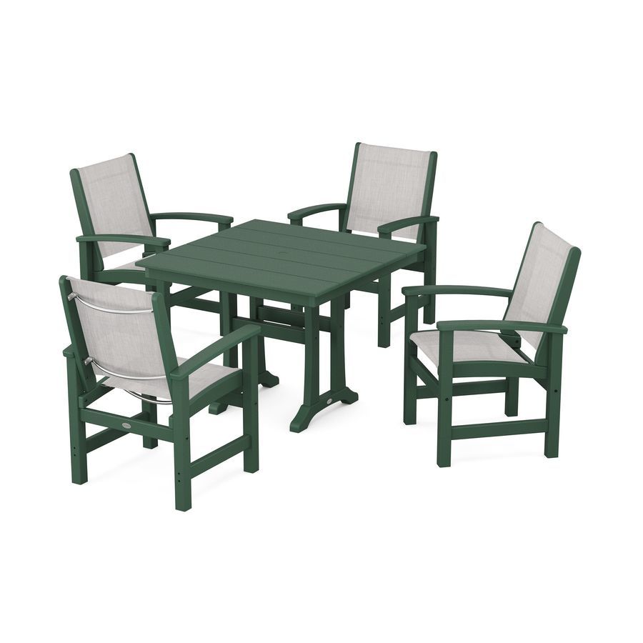 POLYWOOD Coastal 5-Piece Farmhouse Dining Set With Trestle Legs in Green / Parchment Sling