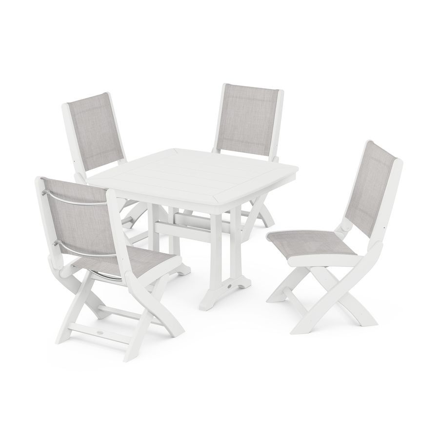 POLYWOOD Coastal Side Chair 5-Piece Dining Set with Trestle Legs in White / Parchment Sling