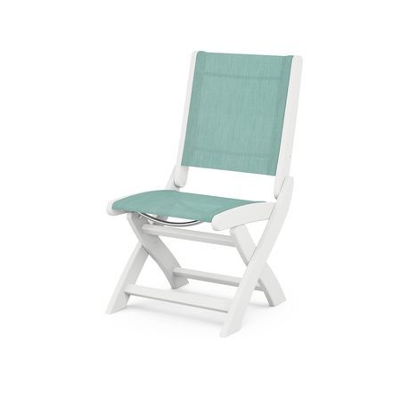 POLYWOOD Coastal Folding Side Chair in White / Aquamarine Sling