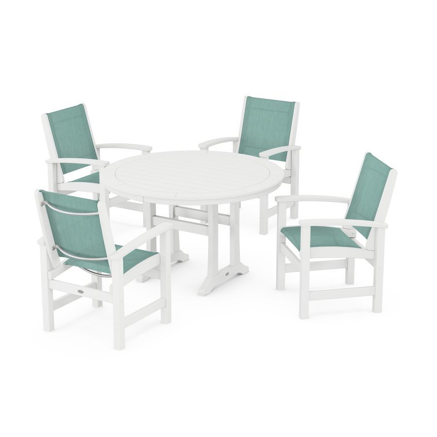 POLYWOOD Coastal 5-Piece Round Dining Set with Trestle Legs in White / Aquamarine Sling
