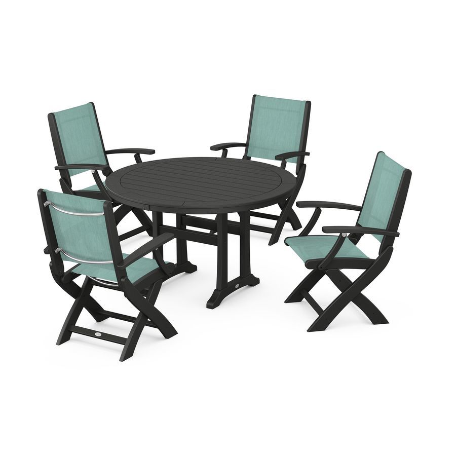 POLYWOOD Coastal Folding Chair 5-Piece Round Dining Set with Trestle Legs in Black / Aquamarine Sling