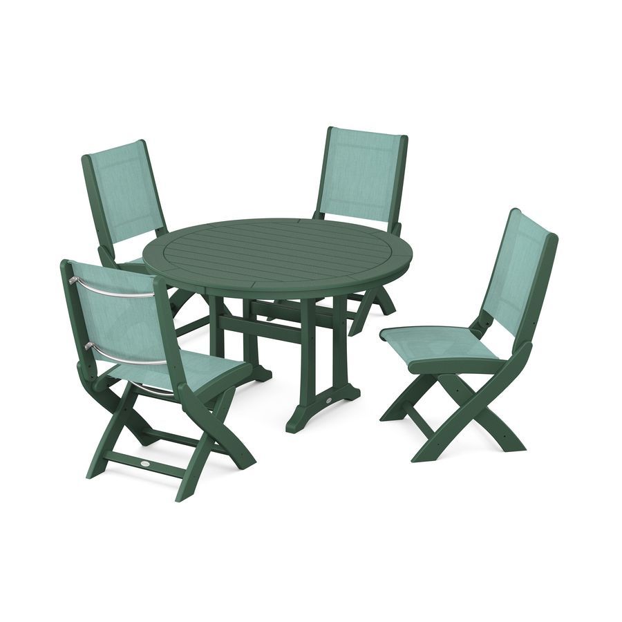 POLYWOOD Coastal Folding Side Chair 5-Piece Round Dining Set With Trestle Legs in Green / Aquamarine Sling