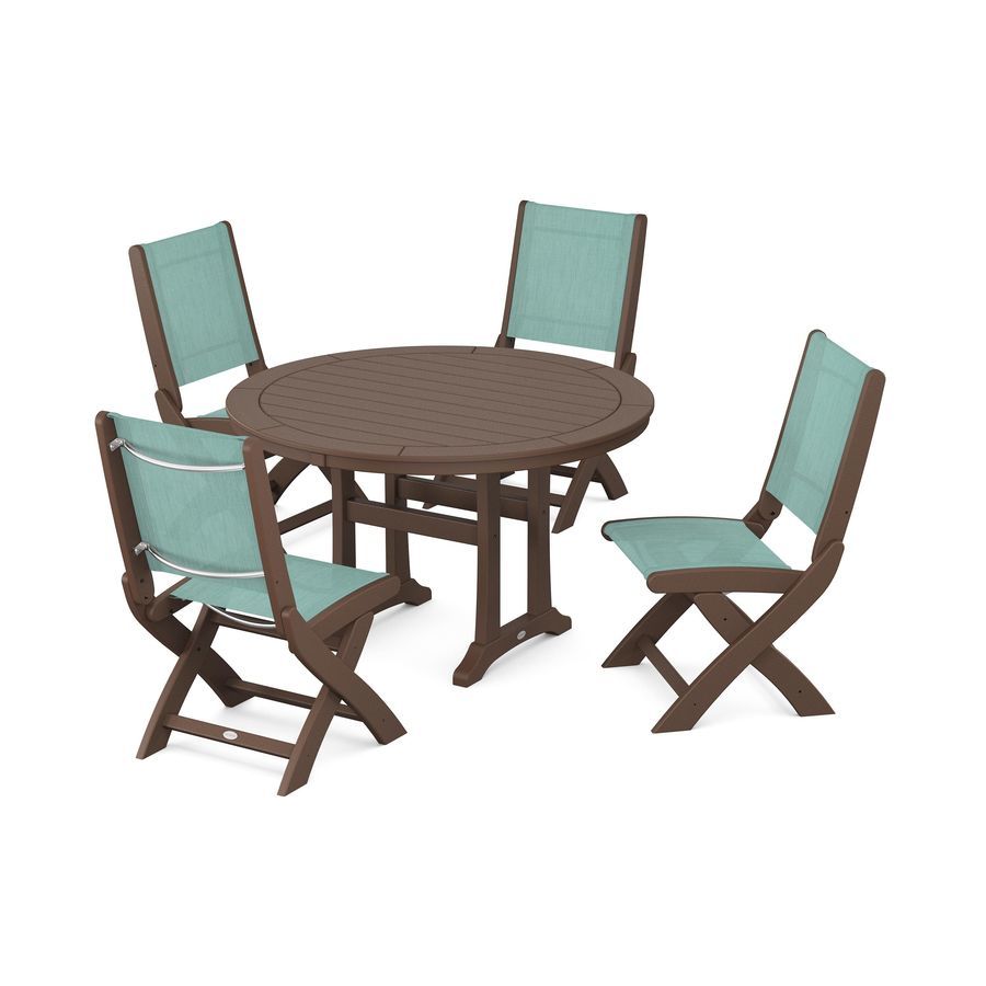 POLYWOOD Coastal Folding Side Chair 5-Piece Round Dining Set With Trestle Legs in Mahogany / Aquamarine Sling