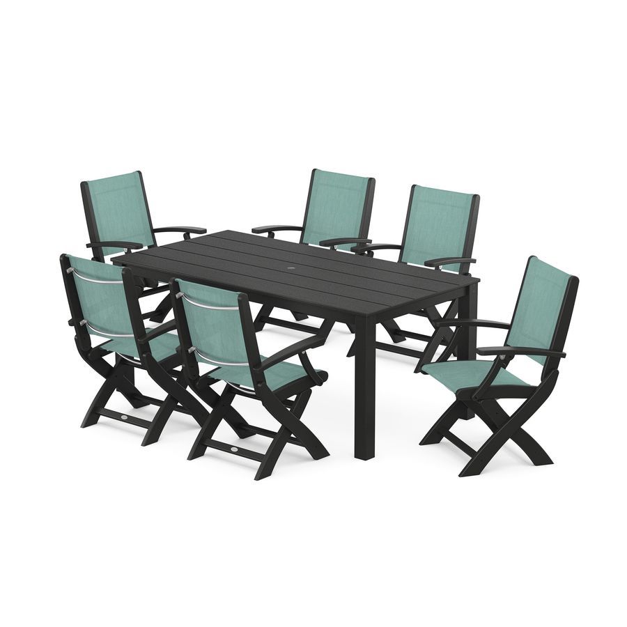 POLYWOOD Coastal Folding Chair 7-Piece Parsons Dining Set in Black / Aquamarine Sling