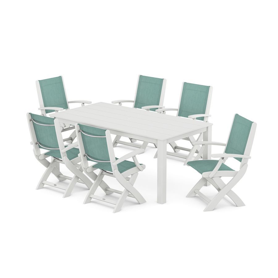 POLYWOOD Coastal Folding Chair 7-Piece Parsons Dining Set in White / Aquamarine Sling