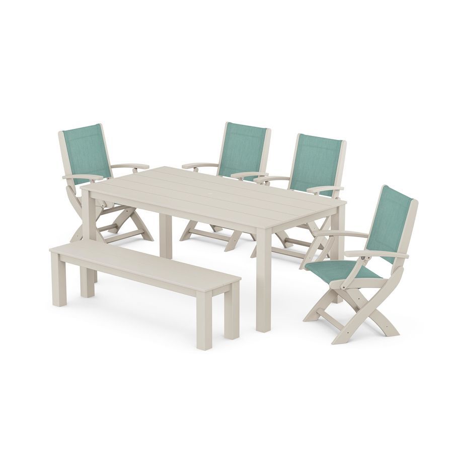 POLYWOOD Coastal Folding Chair 6- Piece Parsons Dining Set with Bench in Sand / Aquamarine Sling