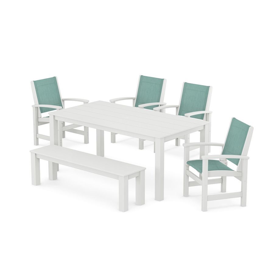 POLYWOOD Coastal 6- Piece Parsons Dining Set with Bench in White / Aquamarine Sling