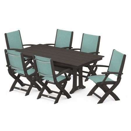 Coastal 7-Piece Folding Chair Dining Set in Vintage Coffee / Aquamarine Sling