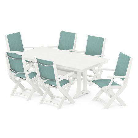 Coastal 7-Piece Folding Chair Dining Set in Vintage White / Aquamarine Sling