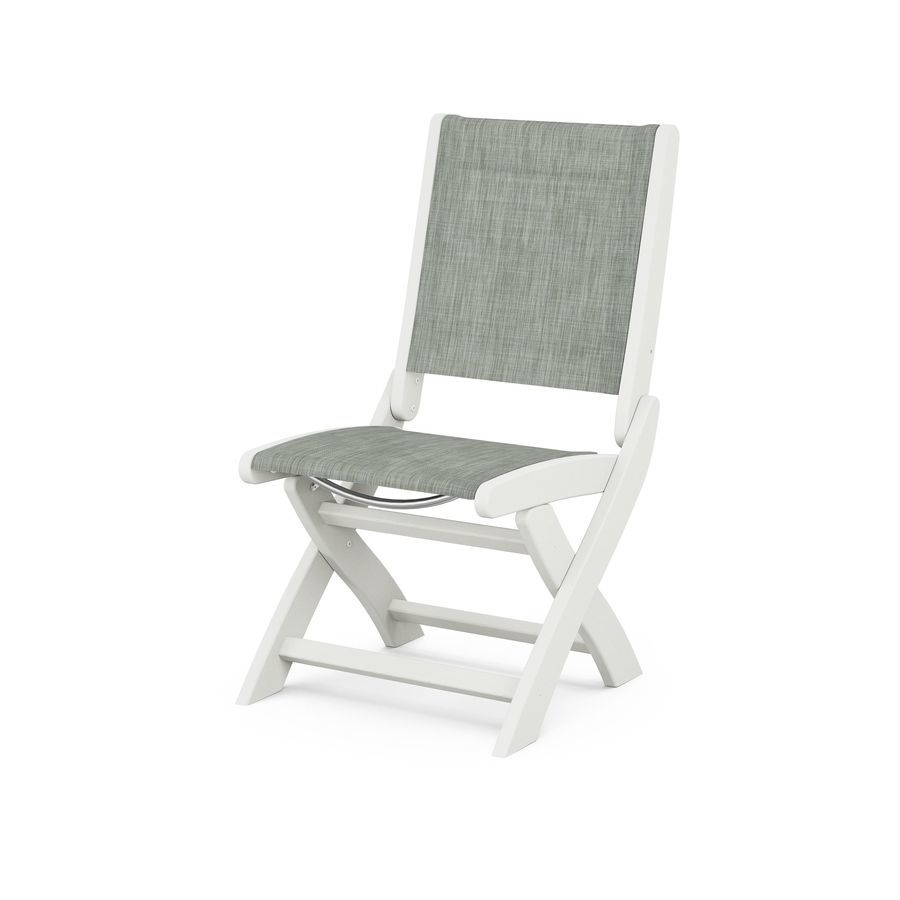 POLYWOOD Coastal Folding Side Chair in Vintage White / Birch Sling