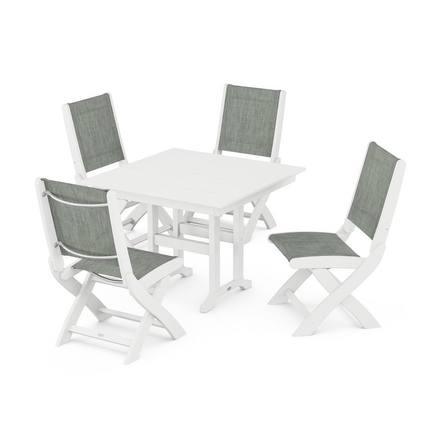 POLYWOOD Coastal Folding Side Chair 5-Piece Farmhouse Dining Set in White / Birch Sling