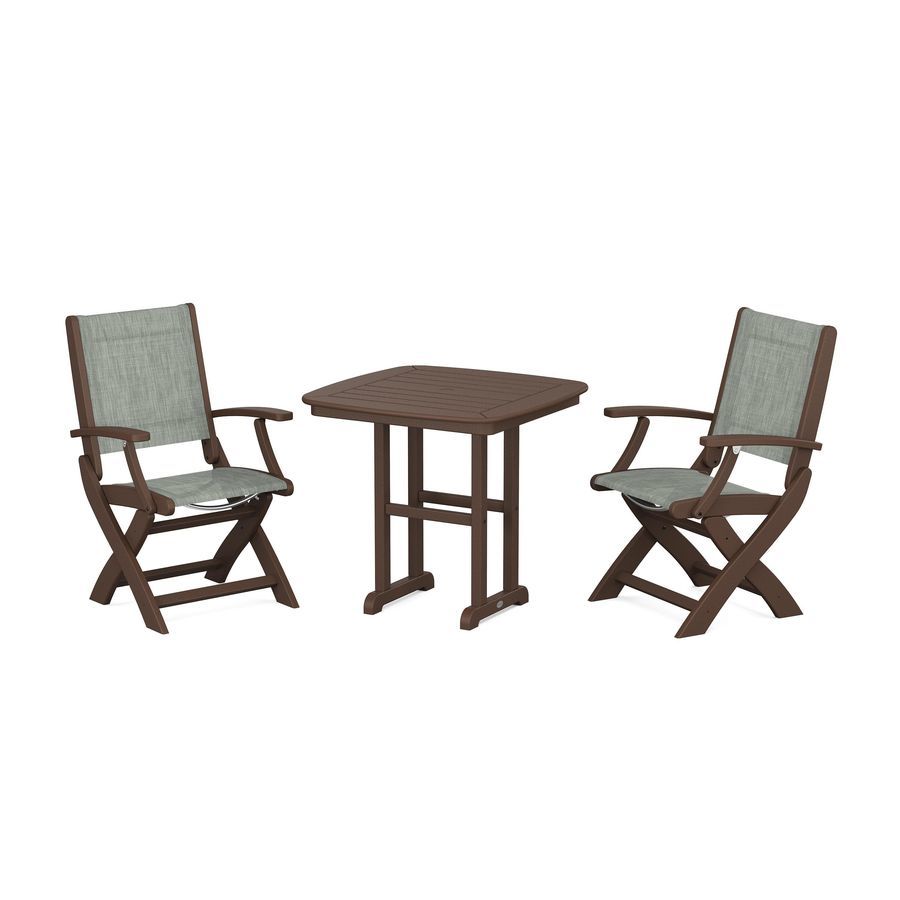 POLYWOOD Coastal Folding Chair 3-Piece Dining Set in Mahogany / Birch Sling