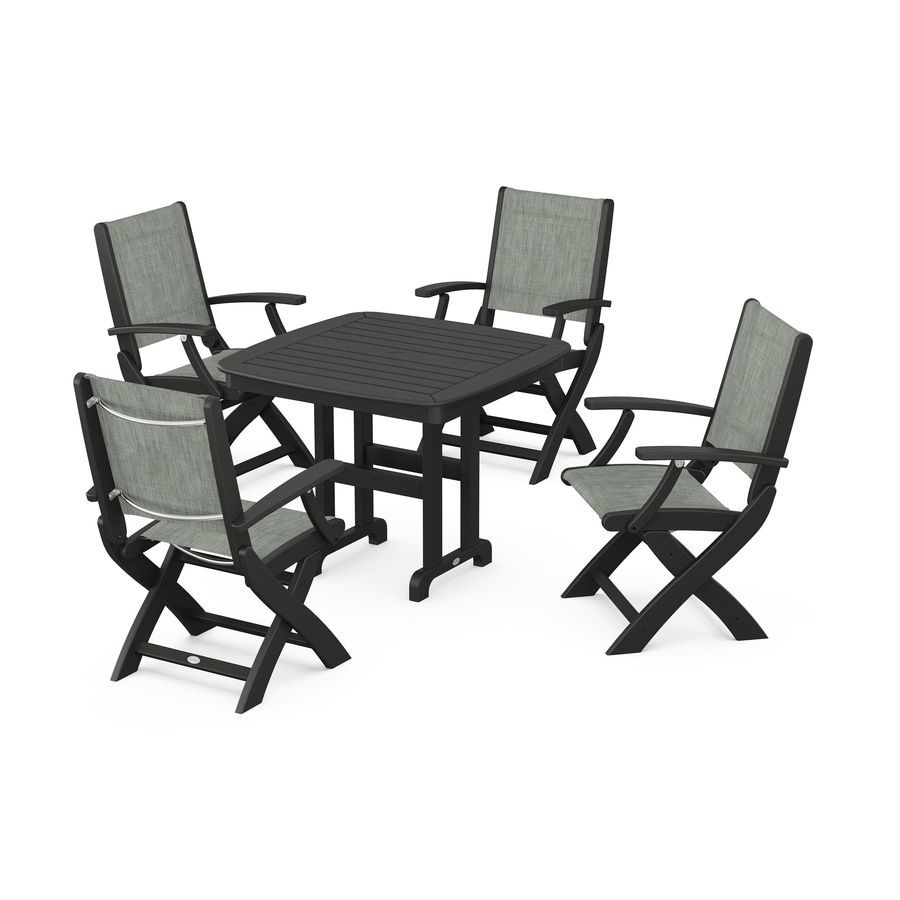 POLYWOOD Coastal Folding Chair 5-Piece Dining Set in Black / Birch Sling