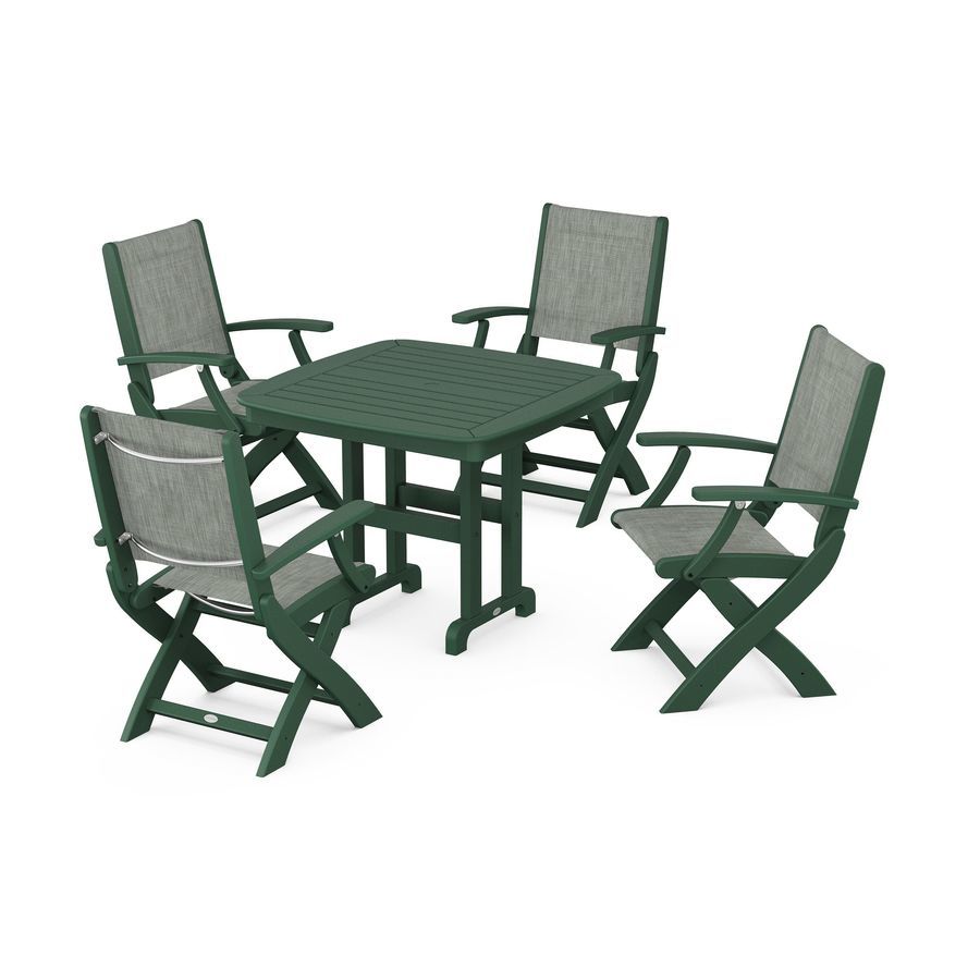 POLYWOOD Coastal Folding Chair 5-Piece Dining Set in Green / Birch Sling