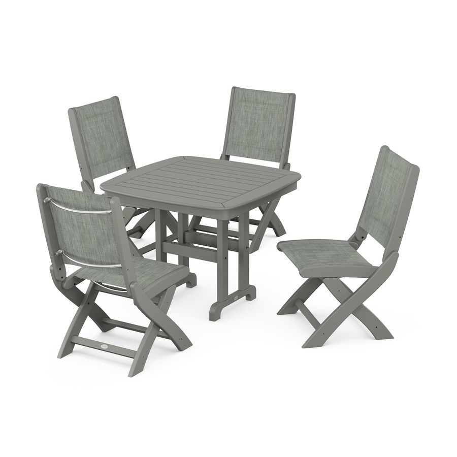 POLYWOOD Coastal Folding Side Chair 5-Piece Dining Set in Slate Grey / Birch Sling