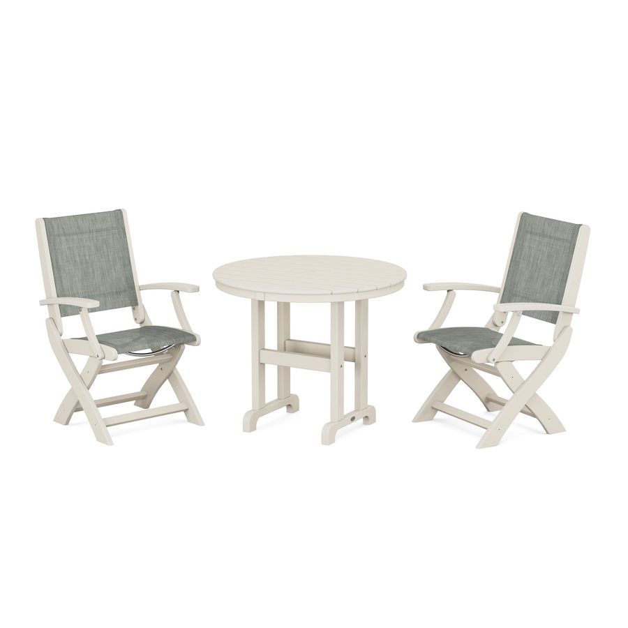 POLYWOOD Coastal Folding Chair 3-Piece Round Dining Set in Sand / Birch Sling