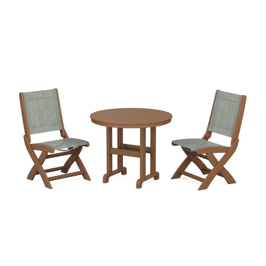 POLYWOOD Coastal Folding Side Chair 3-Piece Round Dining Set in Teak / Birch Sling
