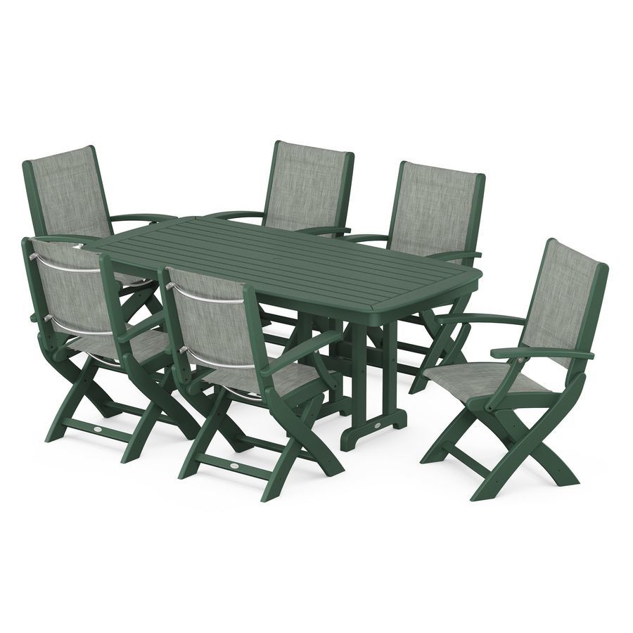 POLYWOOD Coastal Folding Arm Chair 7-Piece Dining Set in Green / Birch Sling