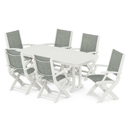 POLYWOOD Coastal Folding Chair 7-Piece Dining Set in Vintage White / Birch Sling