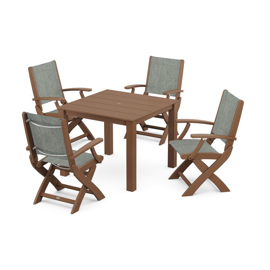 POLYWOOD Coastal Folding Chair 5-Piece Parsons Dining Set in Teak / Birch Sling