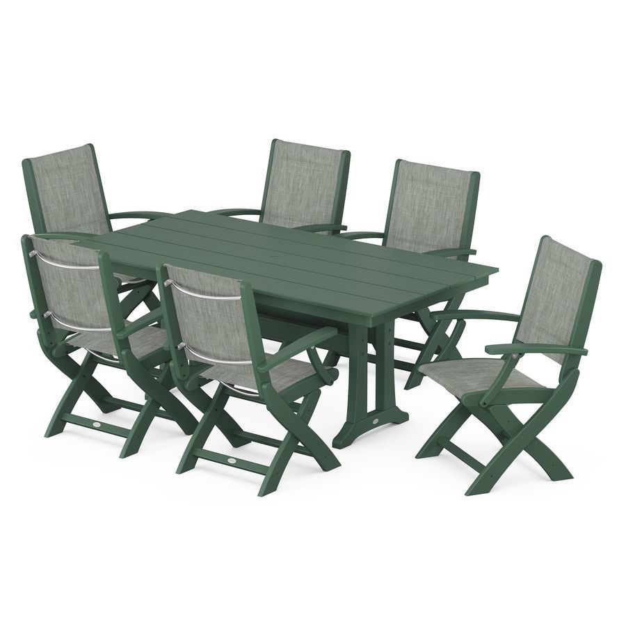 POLYWOOD Coastal Folding Arm Chair 7-Piece Farmhouse Dining Set with Trestle Legs in Green / Birch Sling