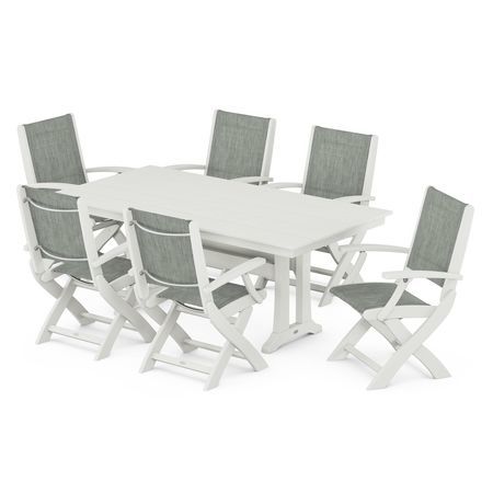Coastal 7-Piece Folding Chair Dining Set in Vintage White / Birch Sling