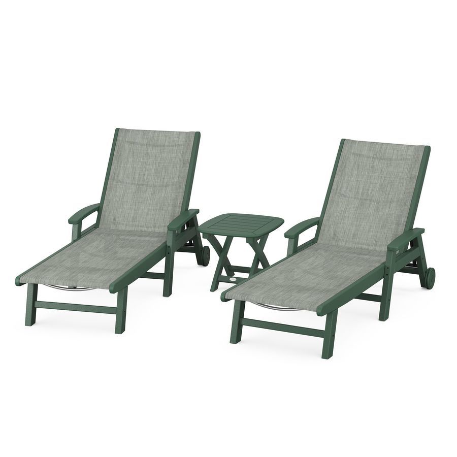 POLYWOOD Coastal 3-Piece Wheeled Chaise Set in Green / Birch Sling