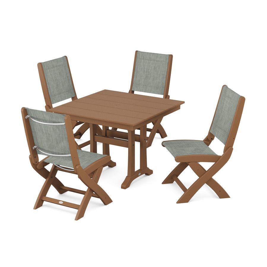 POLYWOOD Coastal Side Chair 5-Piece Farmhouse Dining Set With Trestle Legs in Teak / Birch Sling