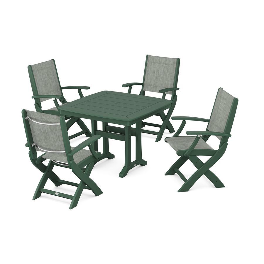 POLYWOOD Coastal 5-Piece Dining Set with Trestle Legs in Green / Birch Sling