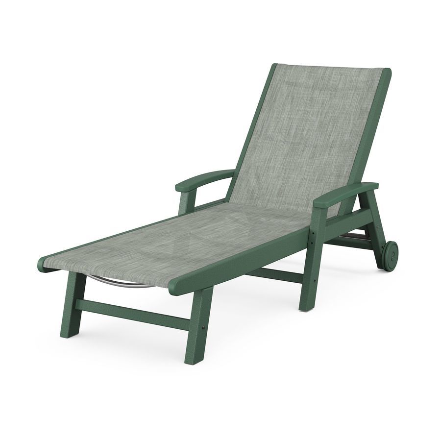 POLYWOOD Coastal Chaise with Wheels in Green / Birch Sling