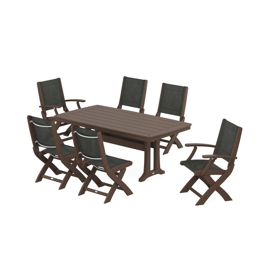 POLYWOOD Coastal 7-Piece Dining Set with Trestle Legs in Mahogany / Ember Sling