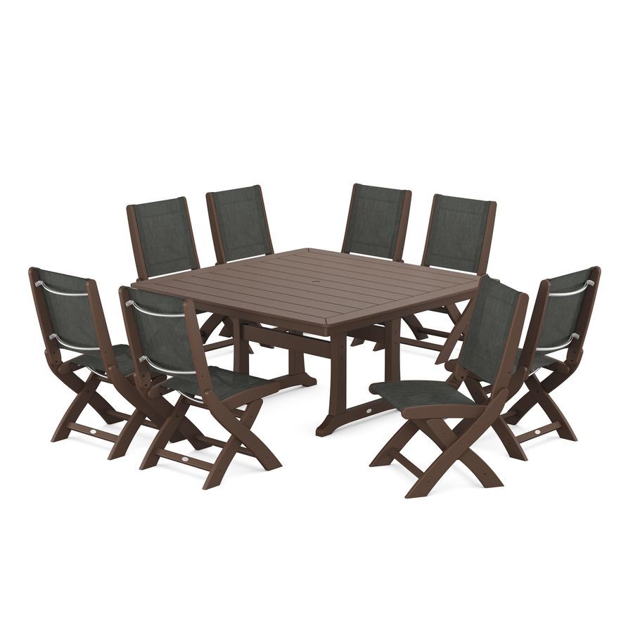 POLYWOOD Coastal Folding Side Chair 9-Piece Dining Set with Trestle Legs in Mahogany / Ember Sling