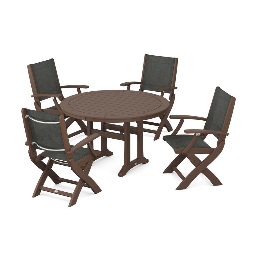 POLYWOOD Coastal Folding Chair 5-Piece Round Dining Set with Trestle Legs in Mahogany / Ember Sling