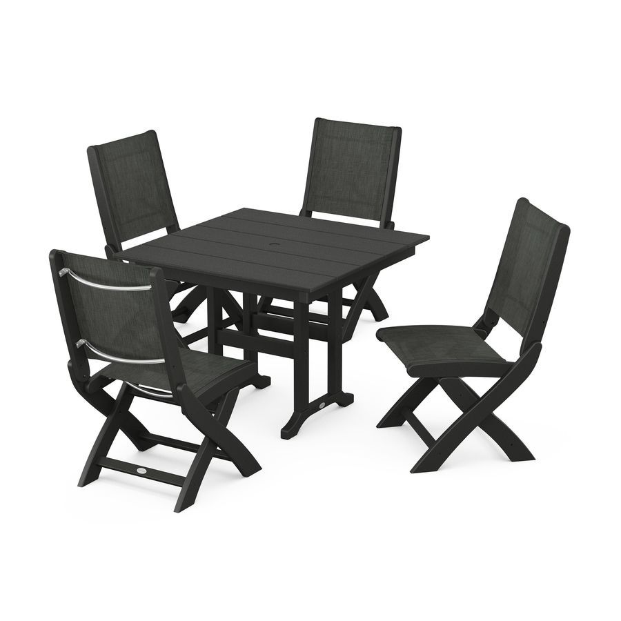POLYWOOD Coastal Folding Side Chair 5-Piece Farmhouse Dining Set in Black / Ember Sling