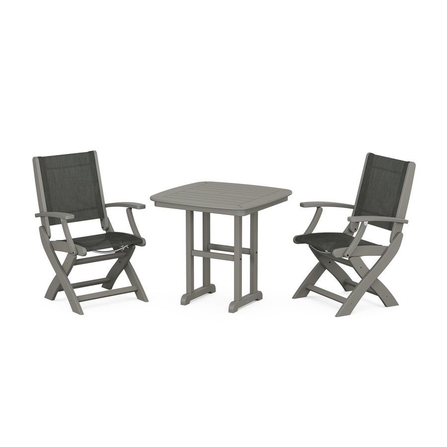 POLYWOOD Coastal Folding Chair 3-Piece Dining Set in Slate Grey / Ember Sling