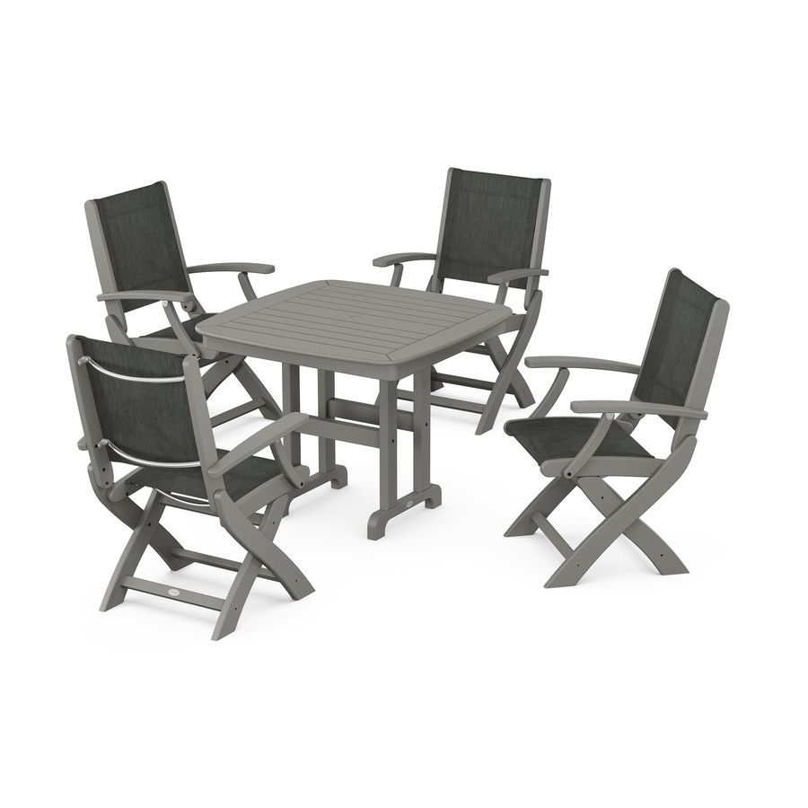 POLYWOOD Coastal Folding Chair 5-Piece Dining Set in Slate Grey / Ember Sling