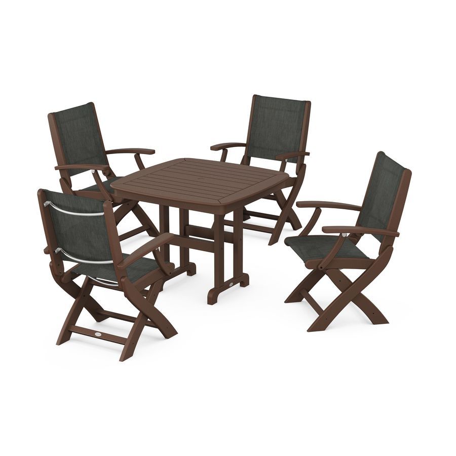 POLYWOOD Coastal Folding Chair 5-Piece Dining Set in Mahogany / Ember Sling