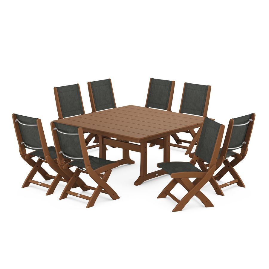 POLYWOOD Coastal Folding Side Chair 9-Piece Farmhouse Dining Set in Teak / Ember Sling